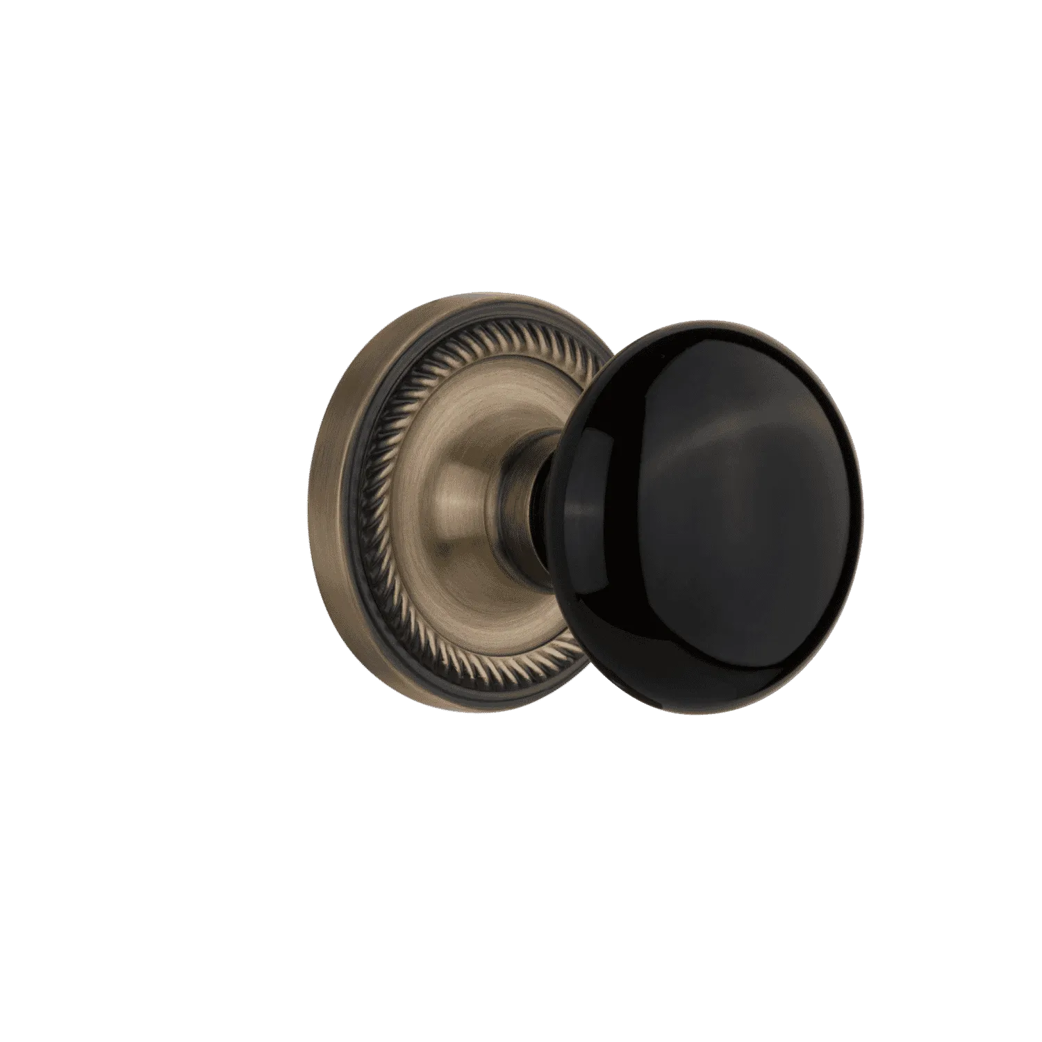 Rope Rosette with Black Porcelain Knob in Antique Brass